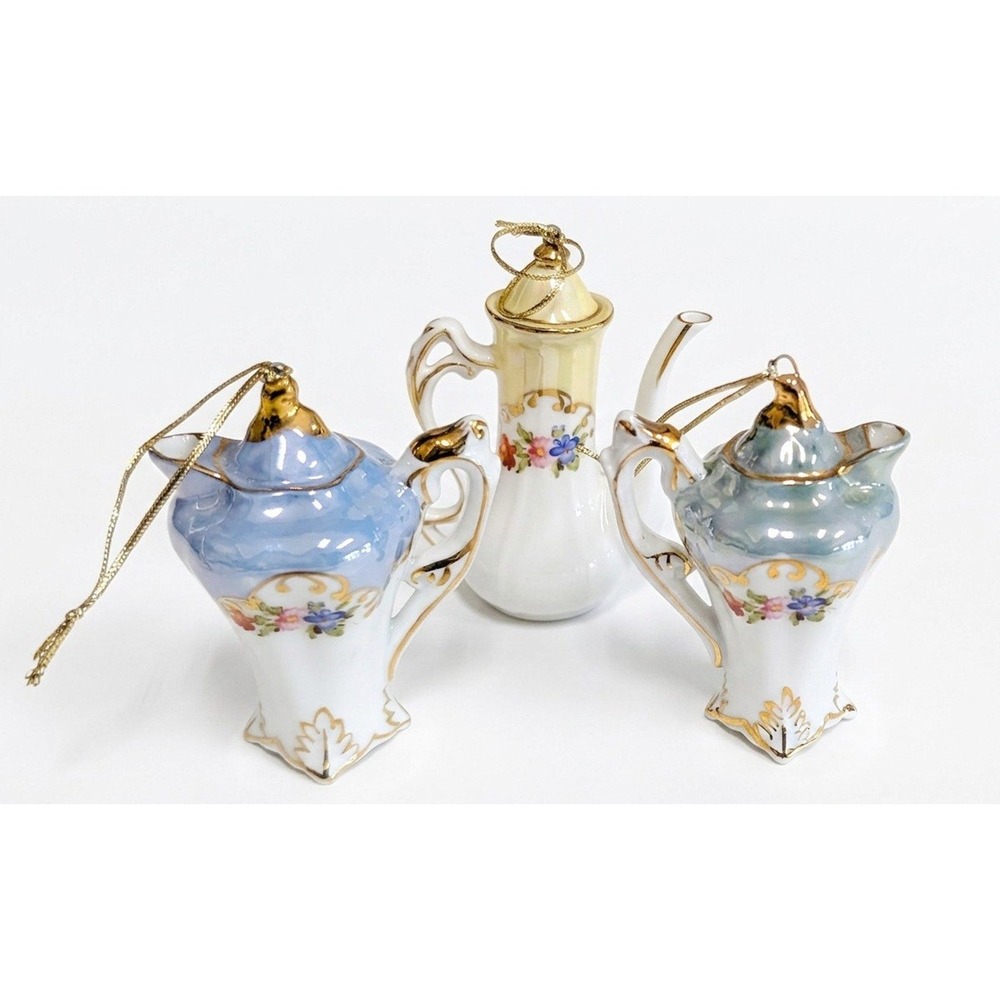 Vintage Cracker Barrel Miniature Teapot Ornament Set, 3 Ornaments, Victorian